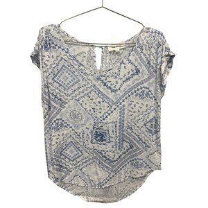 Pink Rose Floral Short Sleeve Top Women Small Textured Keyhole Back Bandana Boho